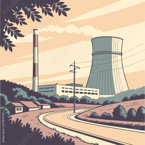 Industrial landscape with a cooling tower and smokestack emitting steam against a soft cloudy sky
