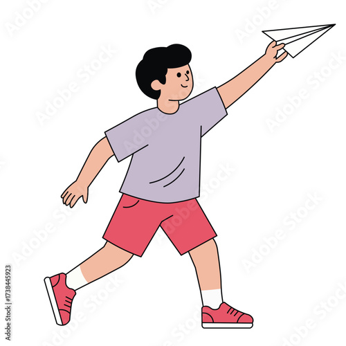 Illustration of a boy running happily while throwing a paper airplane. Great for childhood, playtime, fun activity, and education visuals.