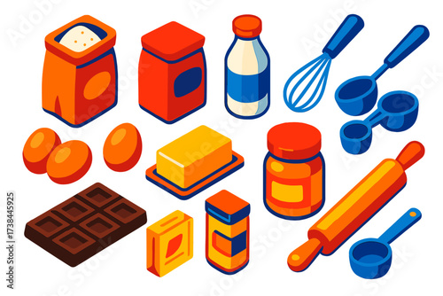 Vibrant Baking Ingredients Icons. Isometric vector illustration set Baking Ingredients: flour bag, sugar bag, eggs, butter stick,