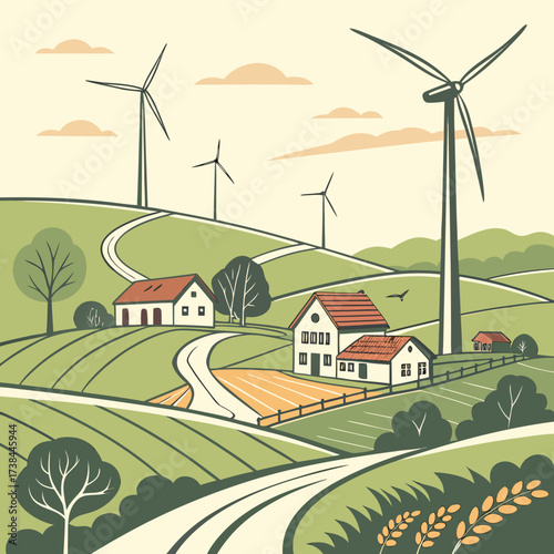 Picturesque rural landscape with rolling green hills charming farmhouses and towering wind turbines generating clean energy