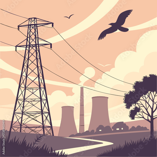 Industrial landscape with power lines and cooling towers under a cloudy sky with birds flying