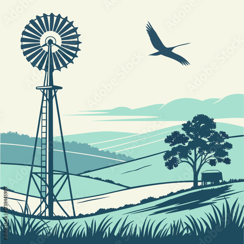 Serene rural landscape with a vintage windmill a lone tree a small shed and a bird soaring in a pastel sky