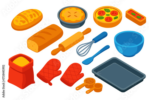 Savory Baking Icons. Isometric vector illustration set Savory Baking: cheese bread, meat pie, quiche, savory tart, bread loaf,