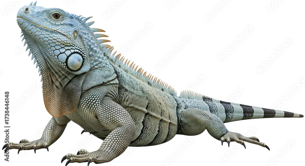 Obraz premium Isolated Blue Iguana reptile animal with gray pattern scales head skin and long tail standing up
