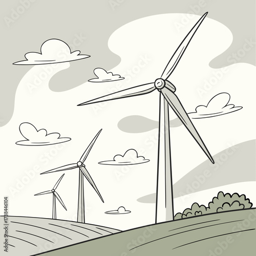 Stylized illustration of wind turbines generating clean energy on rolling hills under a cloudy sky