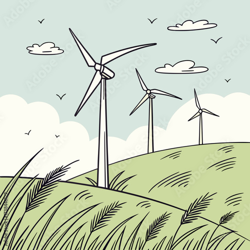 Stylized illustration of wind turbines on a grassy hill under a cloudy sky with birds flying