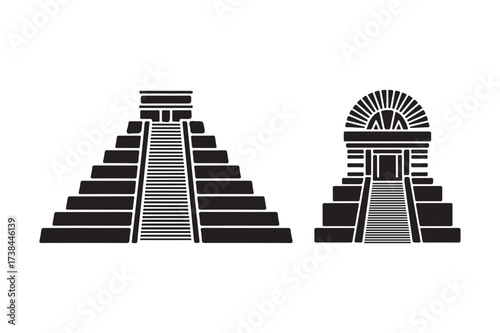 Ancient mayan pyramids and temple entrance silhouette