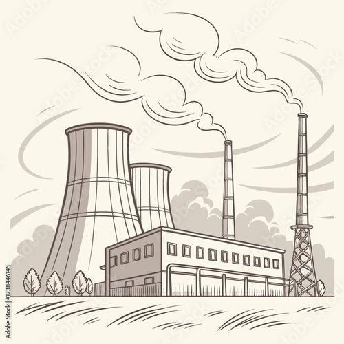 Stylized industrial factory with cooling towers and smokestacks emitting plumes of smoke against a neutral background