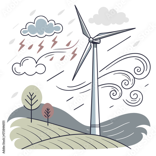 Wind turbine generating clean energy amidst a stormy sky with lightning rain and strong winds