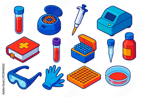 Clinical Lab Equipment Icons. Isometric vector illustration set Clinical Diagnostics: test tube, centrifuge, micropipette, PCR