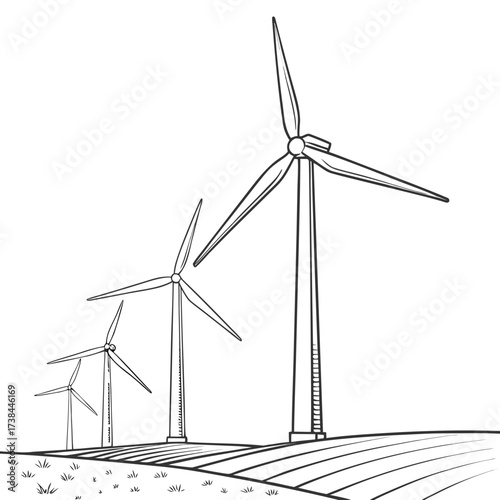 A line drawing of three wind turbines of varying sizes standing in a field with plowed rows under a white sky