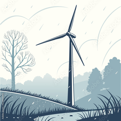 A lone wind turbine stands tall in a misty overcast landscape with falling rain and bare trees