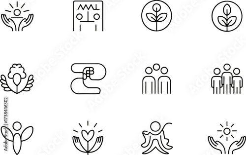 Social Impact and Wellness Icons Set Creativity Accessible Design Local Business Digital Boundaries Chosen Family Ethical Tech Joyful Living Slow Living and Hopeful Futures Symbols for Branding