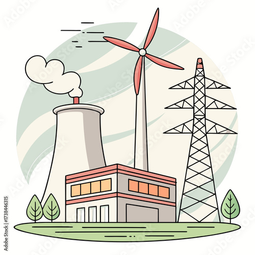 Illustration of a power plant with a cooling tower wind turbine and electricity pylon on a green field