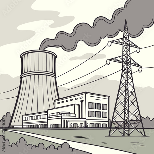 Industrial power plant with cooling tower emitting steam next to a high voltage electricity pylon and transmission lines