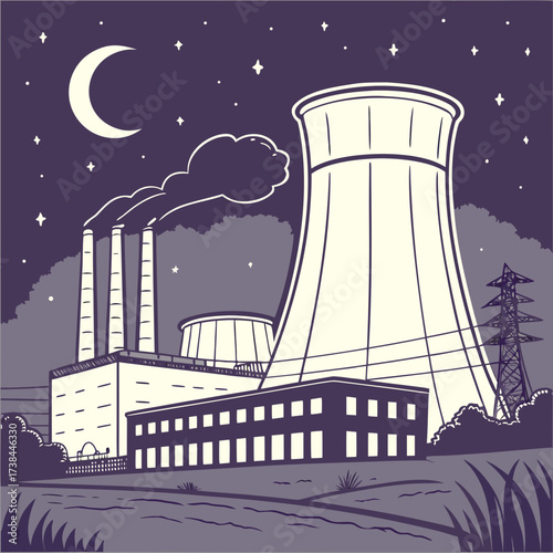 Industrial power plant with cooling towers and smokestacks emitting steam under a starry night sky with a crescent moon