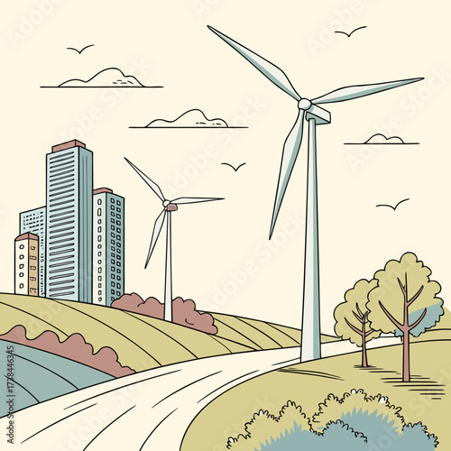 Modern city skyline with wind turbines generating clean energy in a rural landscape with rolling hills and a road