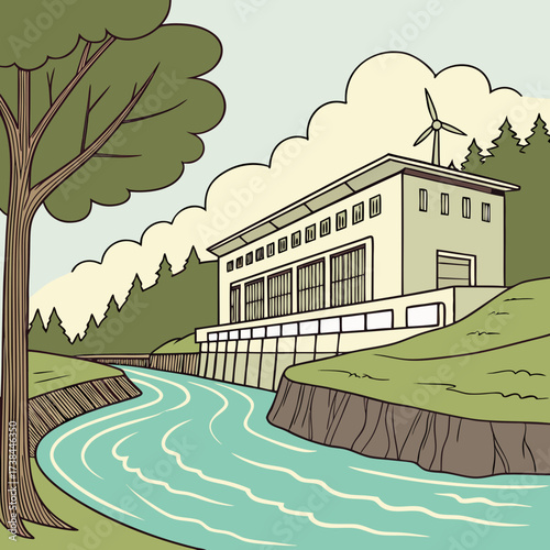 Modern hydroelectric power station building situated beside a flowing river with a wind turbine on the roof and trees in the background