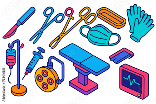Colorful Surgical Tools. Isometric vector illustration set Outline Surgery Tools: scalpel, surgical scissors, forceps, clamp,