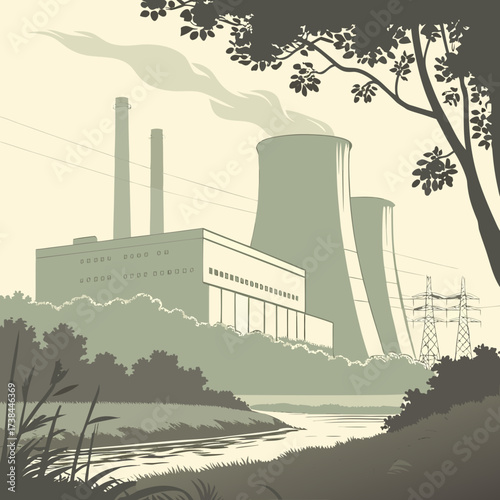Industrial power plant with cooling towers and smokestacks emitting steam near a river and trees