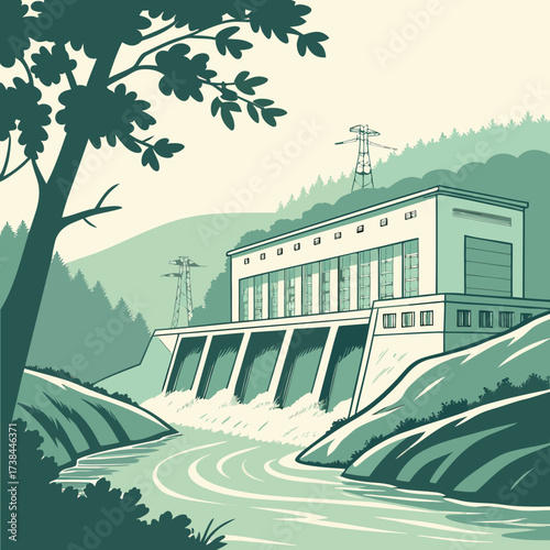 Modern hydroelectric power plant with flowing water and lush green forest landscape illustration