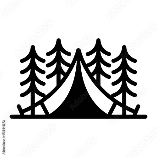 Camping tent and trees vector icon for outdoor adventure