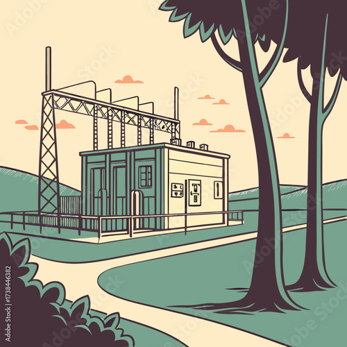 Retro stylized illustration of an electrical substation building with transmission tower and trees in a serene landscape
