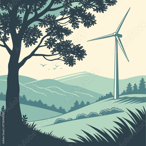 Serene landscape featuring a solitary wind turbine on rolling green hills under a pale sky with a silhouetted tree