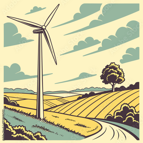 Stylized illustration of a single wind turbine standing tall in a rural landscape with rolling fields and a winding road under a cloudy sky