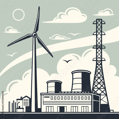 Stylized illustration of a wind turbine and industrial power plant with cooling towers and transmission tower under a cloudy sky
