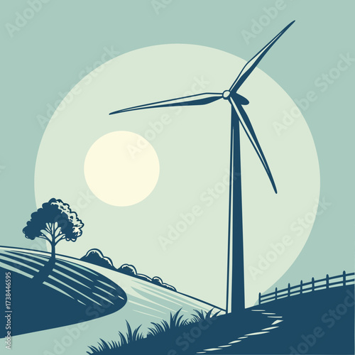 Stylized illustration of a wind turbine on a rolling green hill under a bright sun and a pale blue sky
