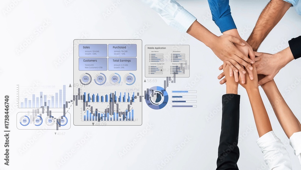 Obraz premium A diverse group of professionals uniting hands symbolize teamwork in achieving business goals, enhanced by digital metrics and analytics displayed on a modern workspace. Raster