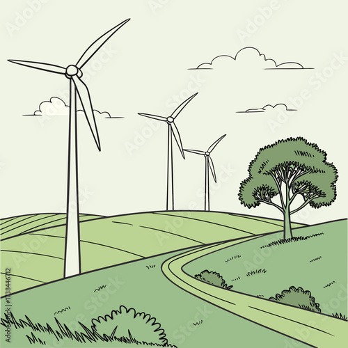 Stylized illustration of wind turbines on rolling green hills with a winding path and a single tree under a cloudy sky