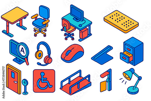 Accessible Workplace Icons. Isometric vector illustration set Workplace accessibility: height-adjustable desk, ergonomic chair,