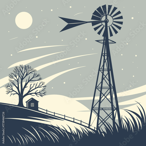 Vintage american farm landscape with silhouette of a windmill bare tree and small house under a moonlit sky