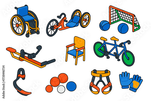 Accessible Sports Equipment. Isometric vector illustration set Accessible sports: wheelchair basketball chair, handcycle, blind