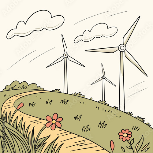 Whimsical hand drawn illustration of wind turbines generating clean energy on a grassy hill with flowers and clouds