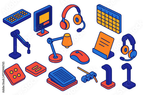 Accessible Workspace Tech Set. Isometric vector illustration set Accessible workspace tech: braille keyboard, high-contrast