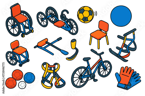 Accessible Sports Equipment. Isometric vector illustration set Accessible sports: wheelchair basketball chair, handcycle, blind