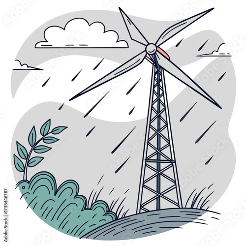 Wind turbine generating clean energy on a stormy day with rain and clouds in a stylized illustration
