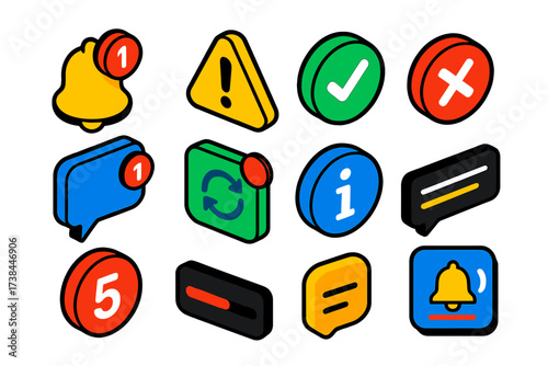 Colorful Notification Icons. Isometric vector illustration set Notification UI: alert bell, warning triangle, success checkmark,