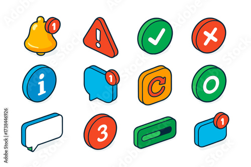 Colorful Notification Icons. Isometric vector illustration set Notification UI: alert bell, warning triangle, success checkmark,