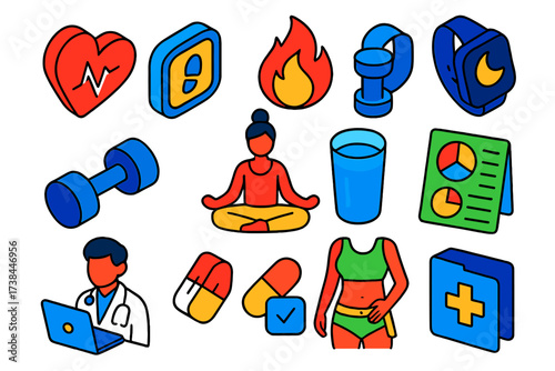 Health and Fitness Icons. Isometric vector illustration set Health and fitness UI: heartbeat icon, step counter, calories burned