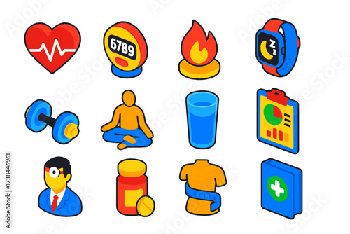 Health and Fitness Icons. Isometric vector illustration set Health and fitness UI: heartbeat icon, step counter, calories burned