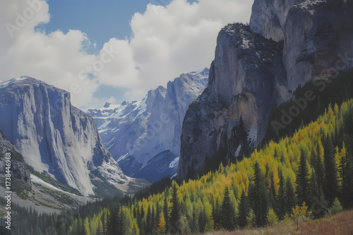  Majestic Mountain Scene: A stunning vista of imposing mountain peaks reaching towards a partly cloudy sky, with a vibrant forest filling the valley below, revealing nature's grand masterpiece.