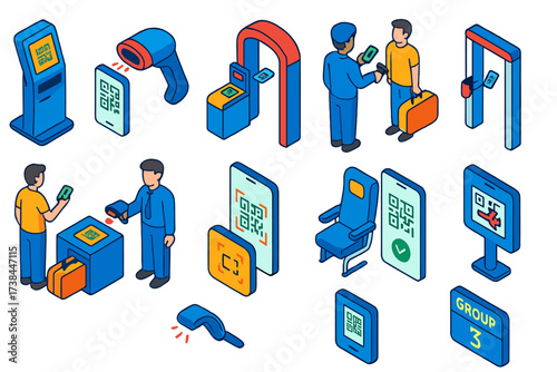 Airport QR Scanning Icons. Isometric vector illustration set Airport check-in QR scanning: self check-in kiosk, QR code scanning