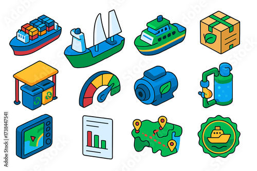Sustainable Shipping Icons. Isometric vector illustration set Sustainable shipping: cargo ship with solar panels, wind-powered