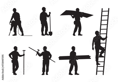 Construction Worker Silhouettes with Tools and Equipment Vector Set