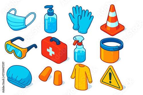 PPE Vector Icons. Isometric vector illustration set Personal protective equipment: medical face mask, hand sanitizer bottle,