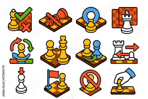Vibrant Chess Icons. Isometric vector illustration set Chess symbols: check symbol, checkmate symbol, draw symbol, stalemate